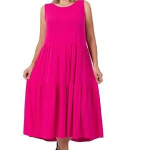 Zenana Plus Size Midi Dress Womens Casual Sleeveless Tiered Hot Pink 2X